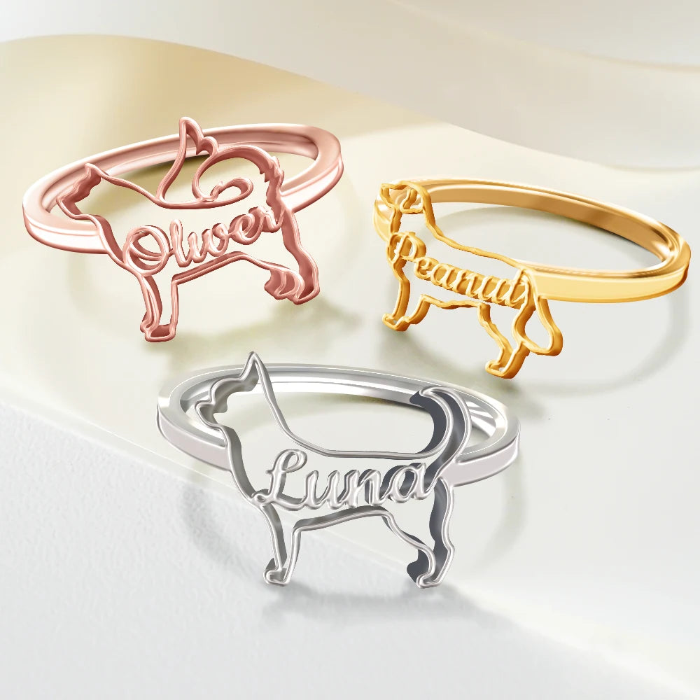 Dog Lovers,Dog Mom,Pet Lovers,Pet Mom,Love-Cute Minimalist Dog Shaped Jewelry For Dog Lovers Dog Mom - Personalized Pet Silhouette Name Ring