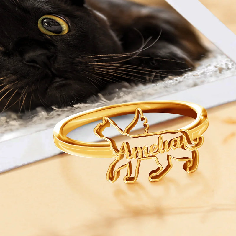 Cat Lovers,Cat Mom,Pet Lovers,Pet Mom,Love-Cute Minimalist Cat Shaped Jewelry For Cat Lovers Cat Mom - Personalized Pet Silhouette Name Ring