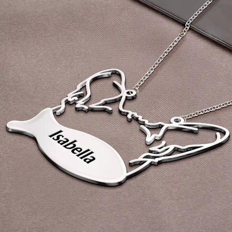 Cat Lovers,Pet Lovers,Love-Cat Face Line Art With Name - Personalized Letter Necklace