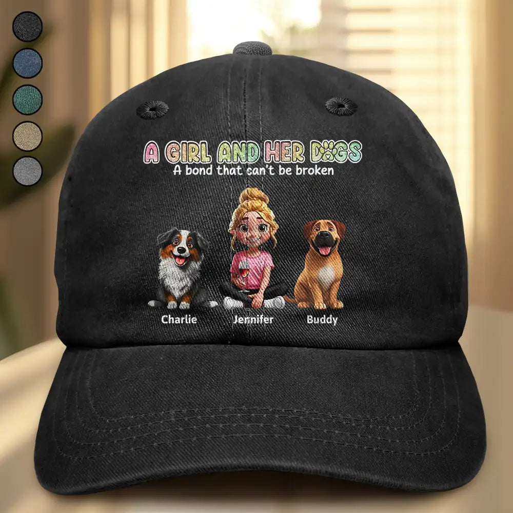 A Girl And Her Dogs Lovely - Personalized Vintage Washed Denim Cap