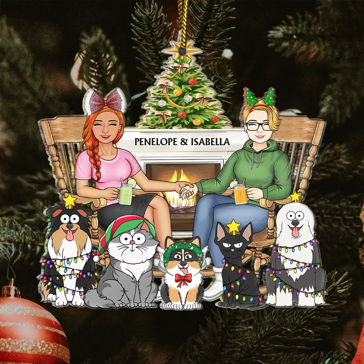 Couple And Dogs Cats Xmas - Christmas Gift For Pet Lovers And Family - Personalized Cutout Acrylic Ornament