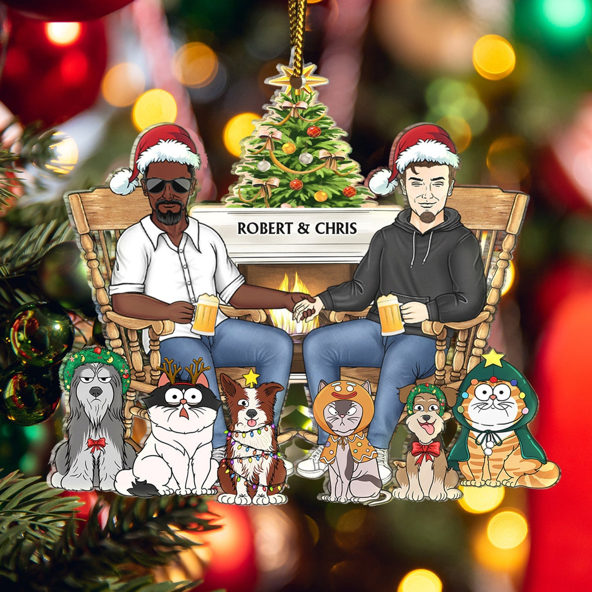 Couple And Dogs Cats Xmas - Christmas Gift For Pet Lovers And Family - Personalized Cutout Acrylic Ornament