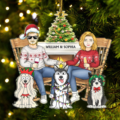 Couple And Dogs Cats Xmas - Christmas Gift For Pet Lovers And Family - Personalized Cutout Acrylic Ornament