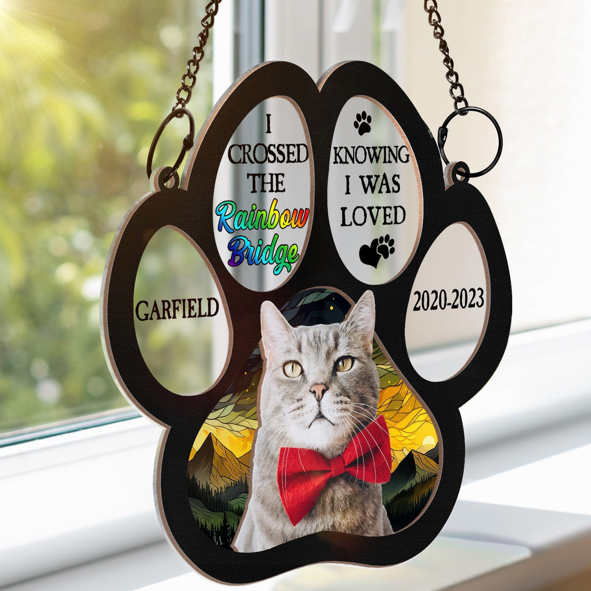 Custom Photo Memorial I Crossed The Rainbow Bridge Knowing I Was Loved - Personalized Window Hanging Suncatcher Ornament