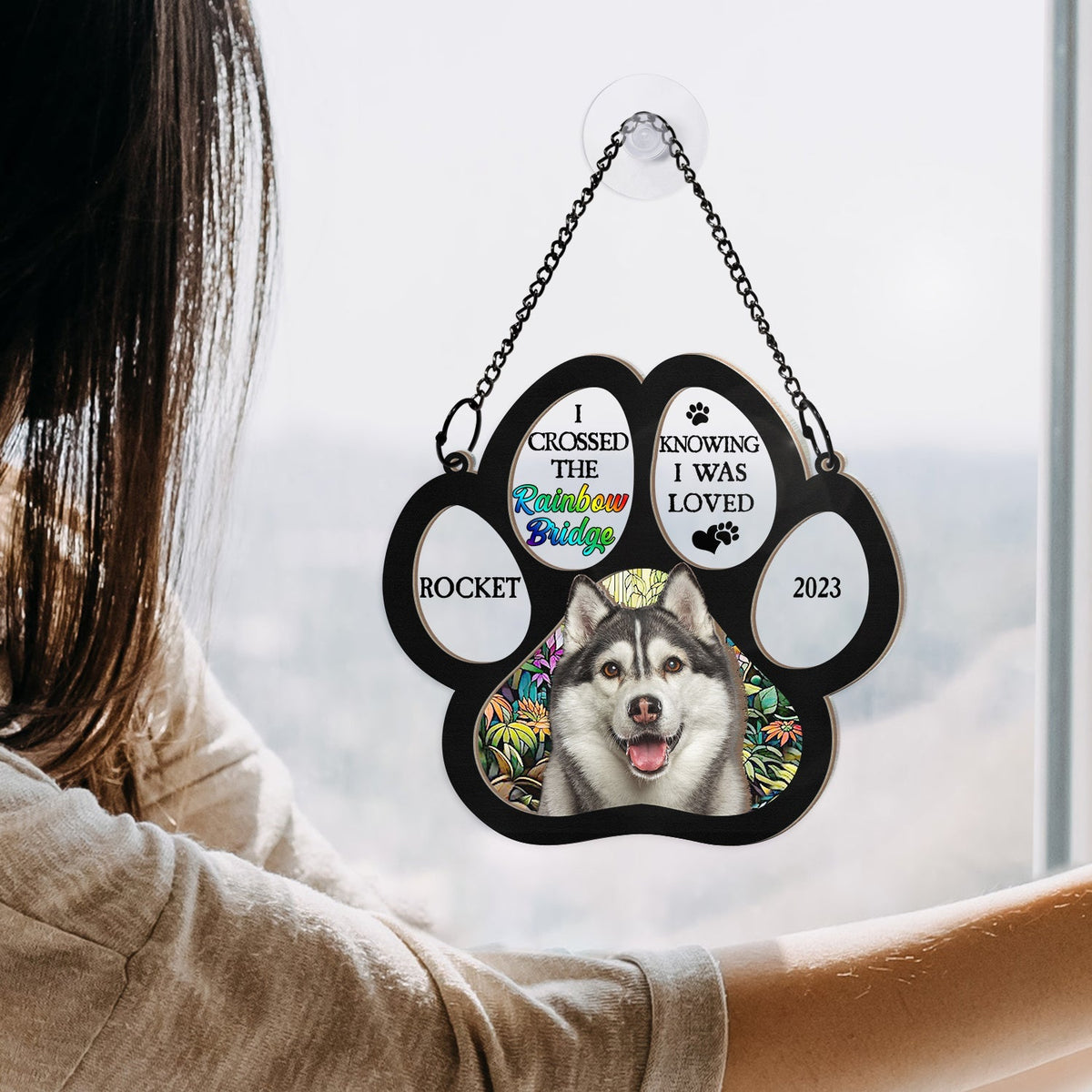 Custom Photo Memorial I Crossed The Rainbow Bridge Knowing I Was Loved - Personalized Window Hanging Suncatcher Ornament