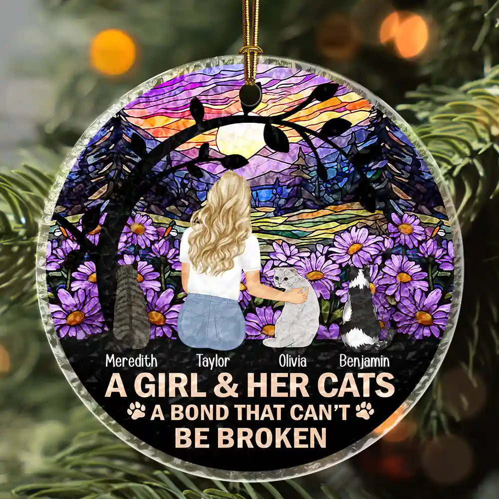 Flower Field A Girl And Her Dog And Cat A Bond That Can't Be Broken - Personalized Stained Glass Ornament