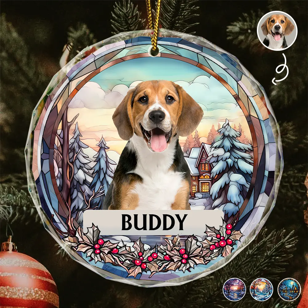 Custom Photo Family Dog Cat Christmas Memorial - Personalized Circle Glass Ornament