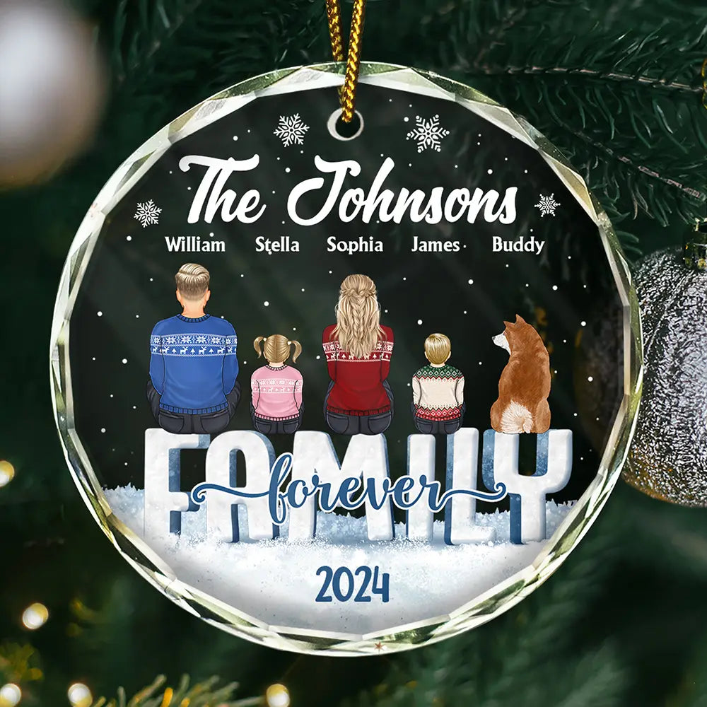 Christmas Family And Dog Cat - Personalized Circle Glass Ornament
