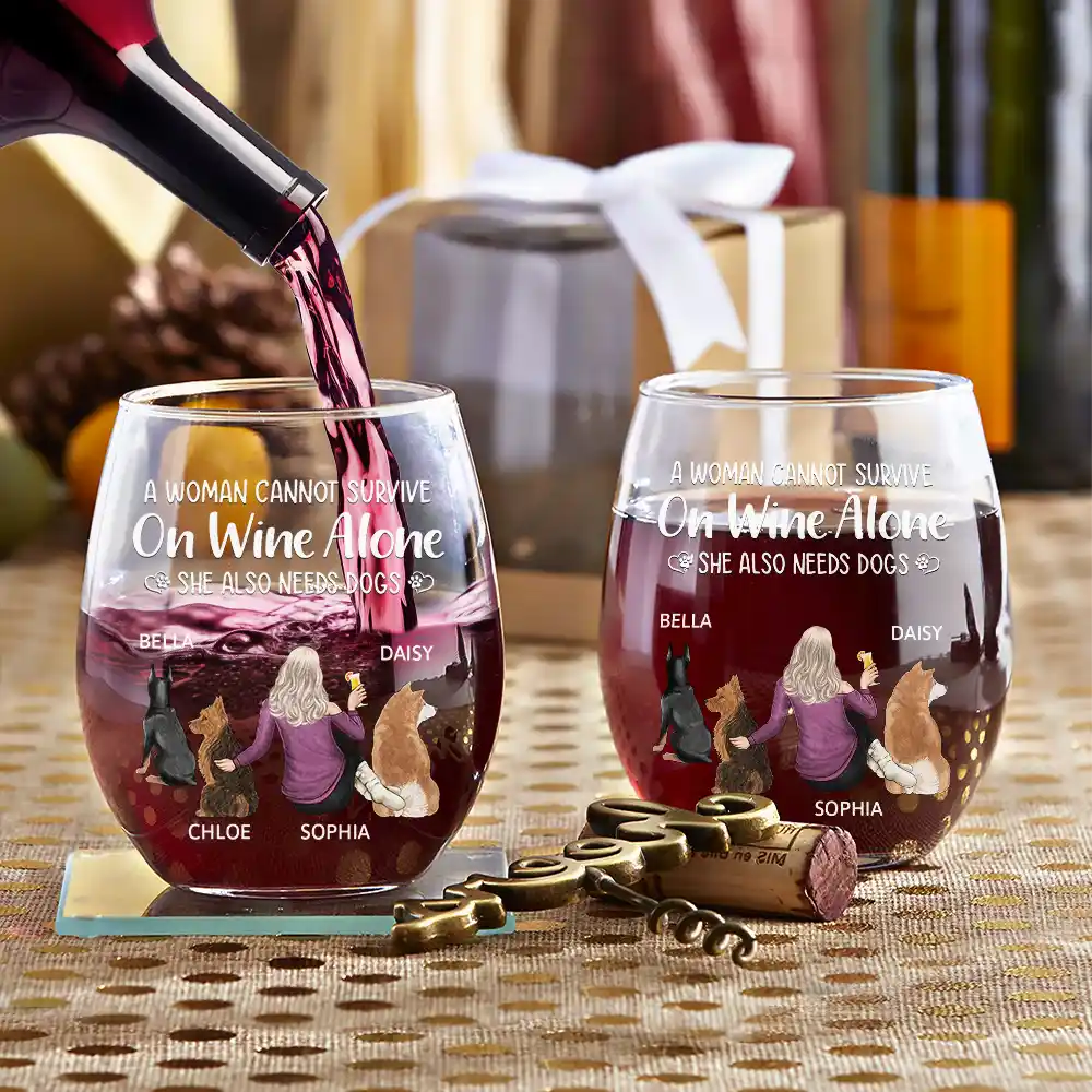 Dog Mom A Woman Cannot Survive On Wine Alone - Personalized Stemless Wine Glass