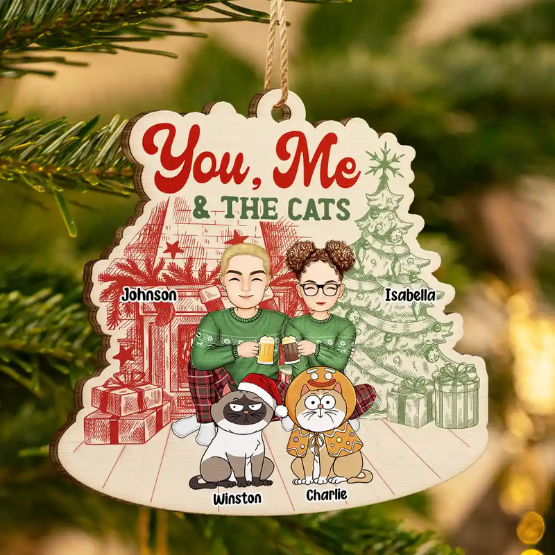 You Me And The Cats - Cat Lovers - Personalized Custom Shaped Wooden Ornament