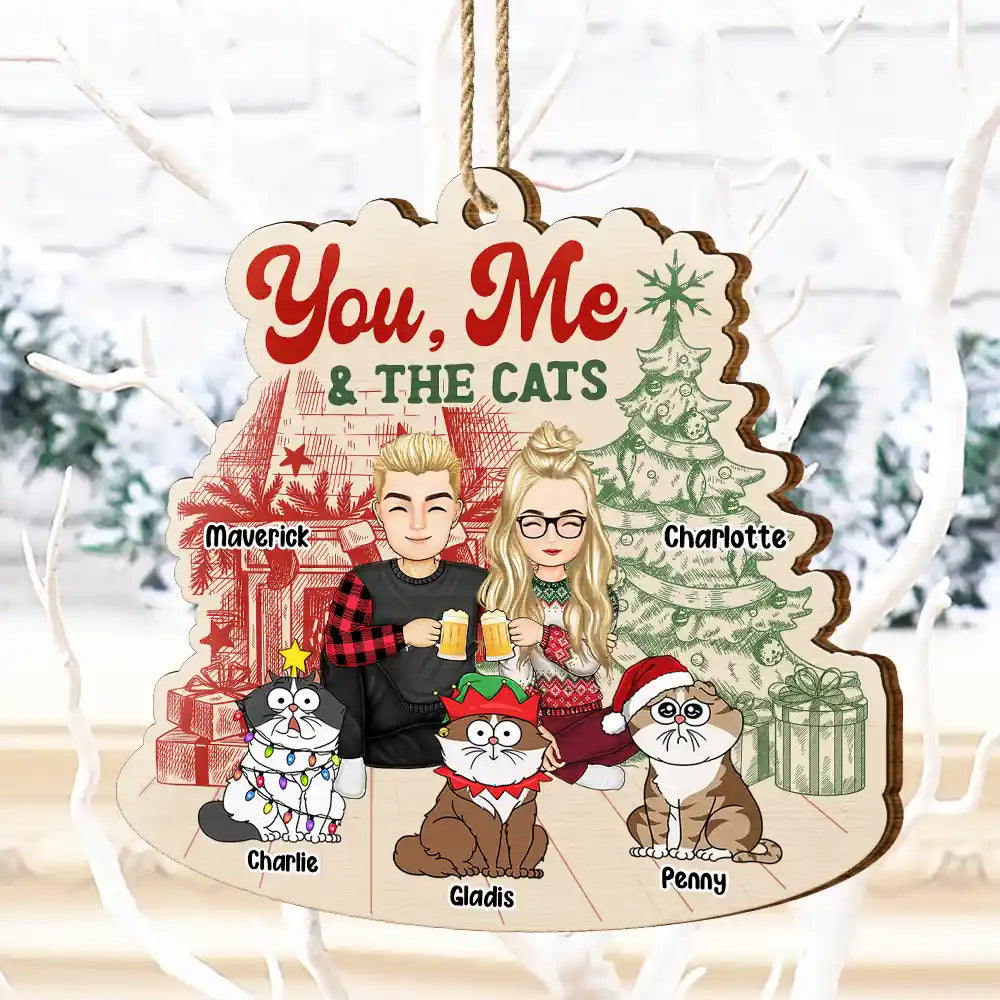 You Me And The Cats - Cat Lovers - Personalized Custom Shaped Wooden Ornament