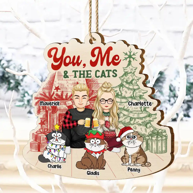 You Me And The Cats - Cat Lovers - Personalized Custom Shaped Wooden Ornament