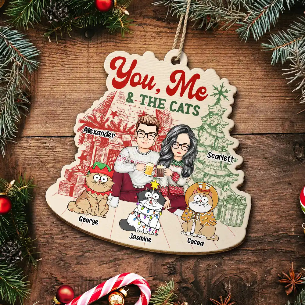 You Me And The Cats - Cat Lovers - Personalized Custom Shaped Wooden Ornament