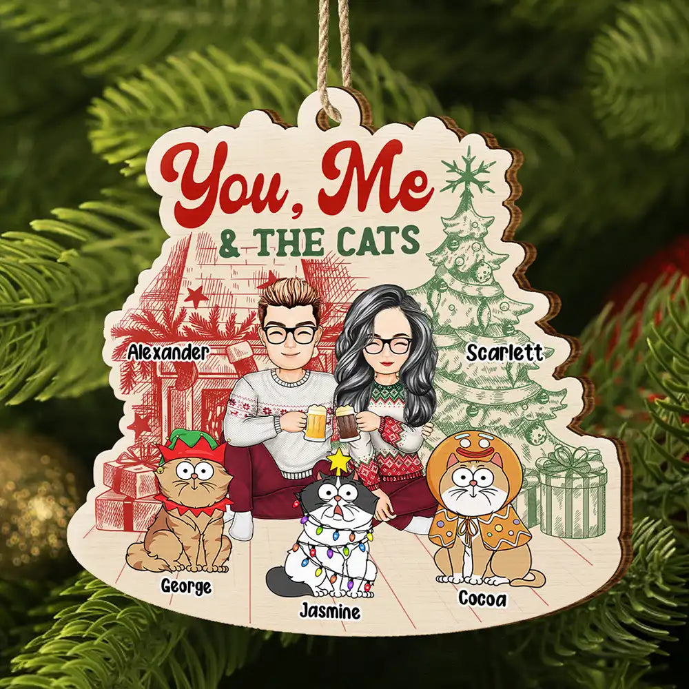 You Me And The Cats - Cat Lovers - Personalized Custom Shaped Wooden Ornament