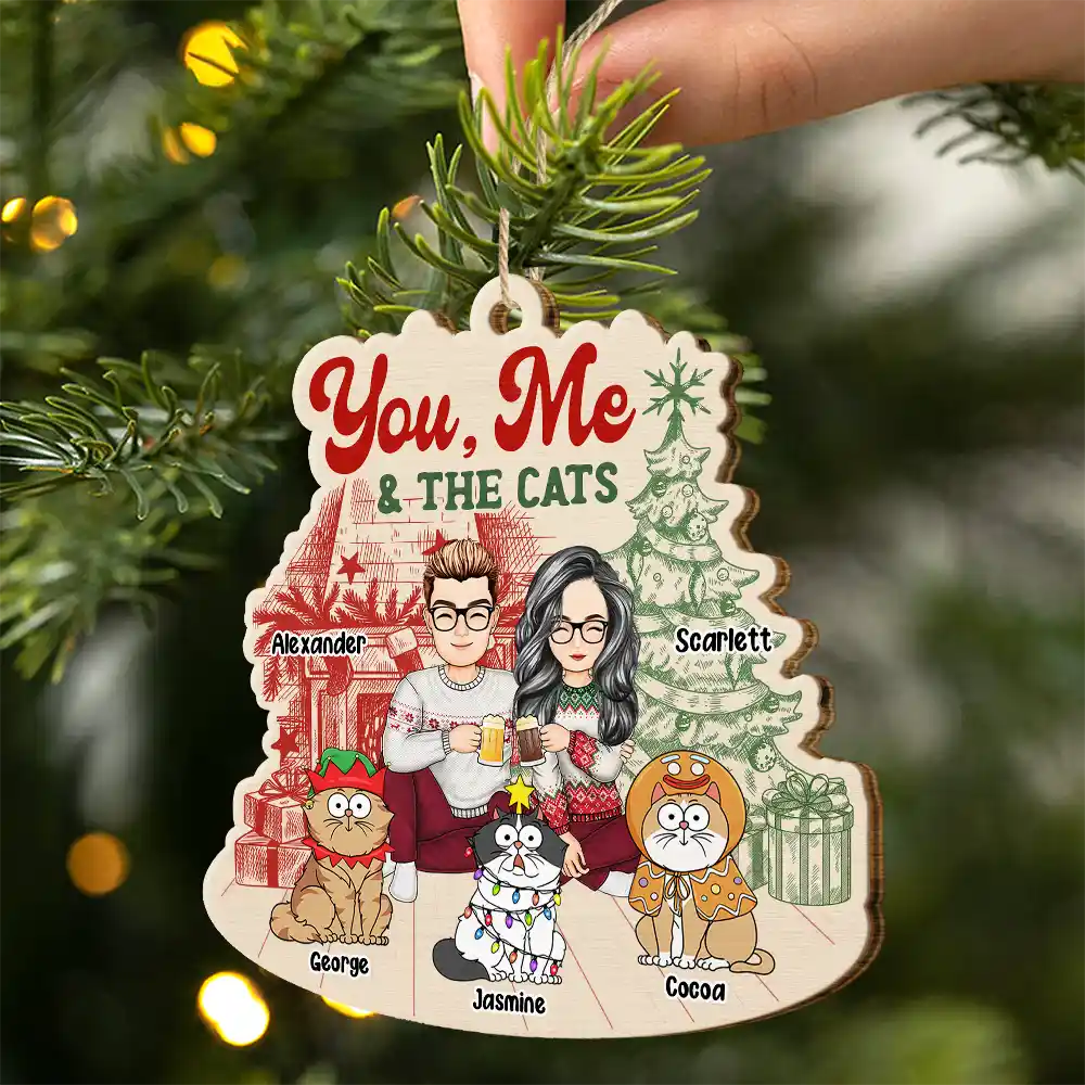 You Me And The Cats - Cat Lovers - Personalized Custom Shaped Wooden Ornament
