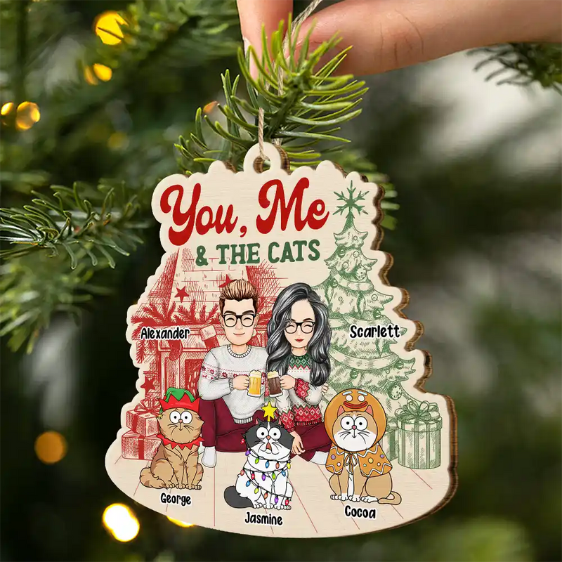 You Me And The Cats - Cat Lovers - Personalized Custom Shaped Wooden Ornament