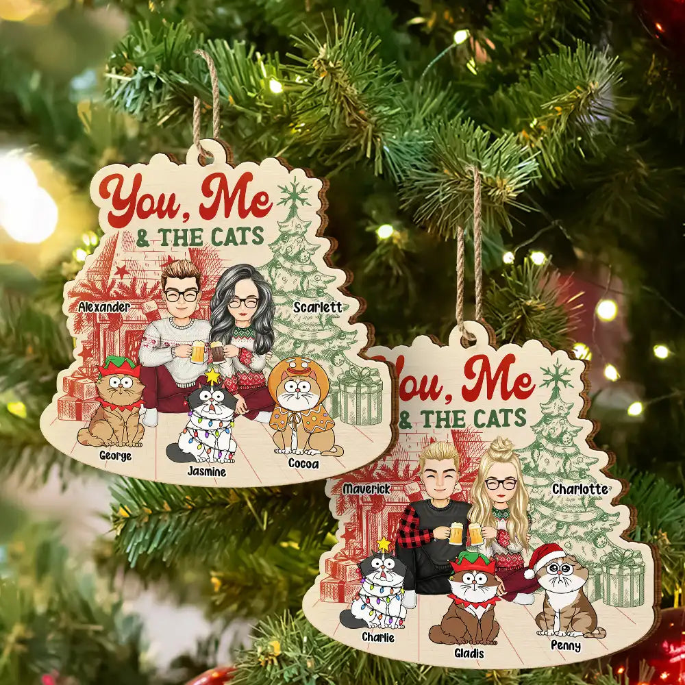 You Me And The Cats - Cat Lovers - Personalized Custom Shaped Wooden Ornament