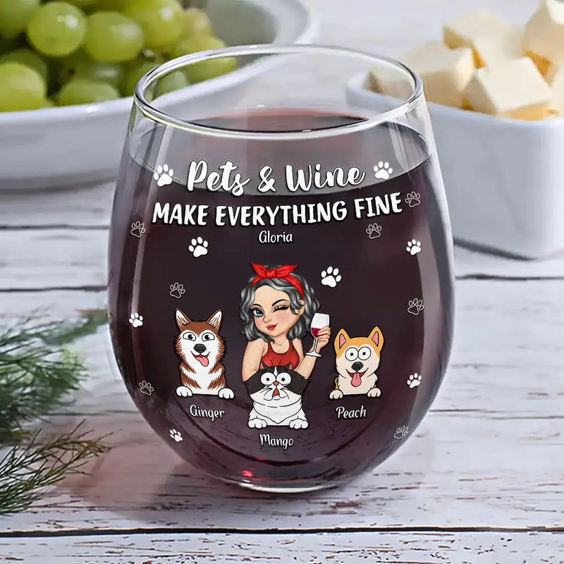 Gift For Yourself,Happy,Dog Lovers,Dog Mom - Dogs And Wine Make Everything Fine - Personalized Stemless Wine Glass