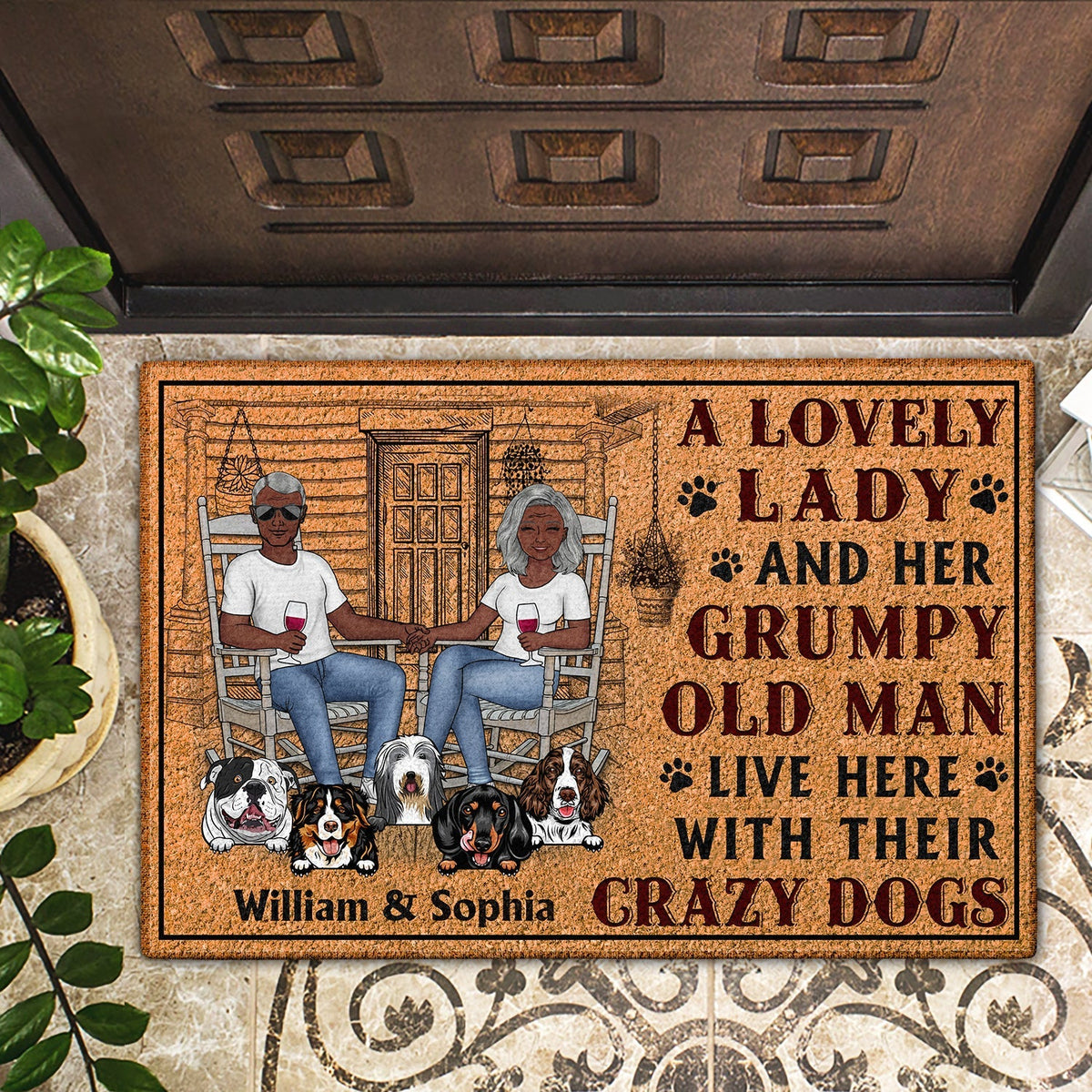 A Lovely Lady And Her Grumpy Old Man Live Here With Crazy Dogs - Personalized Custom Doormat