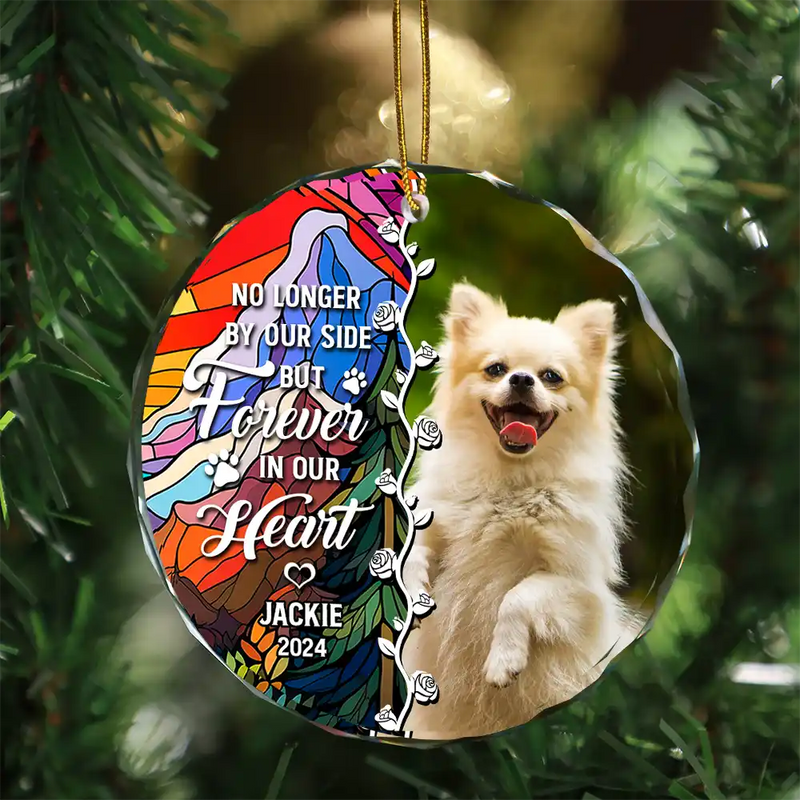 Custom Photo No Longer By Our Side Pet Memorial Heart - Personalized Circle Glass Ornament