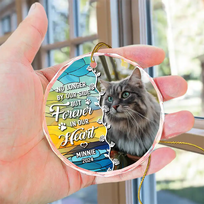 Custom Photo No Longer By Our Side Pet Memorial Heart - Personalized Circle Glass Ornament