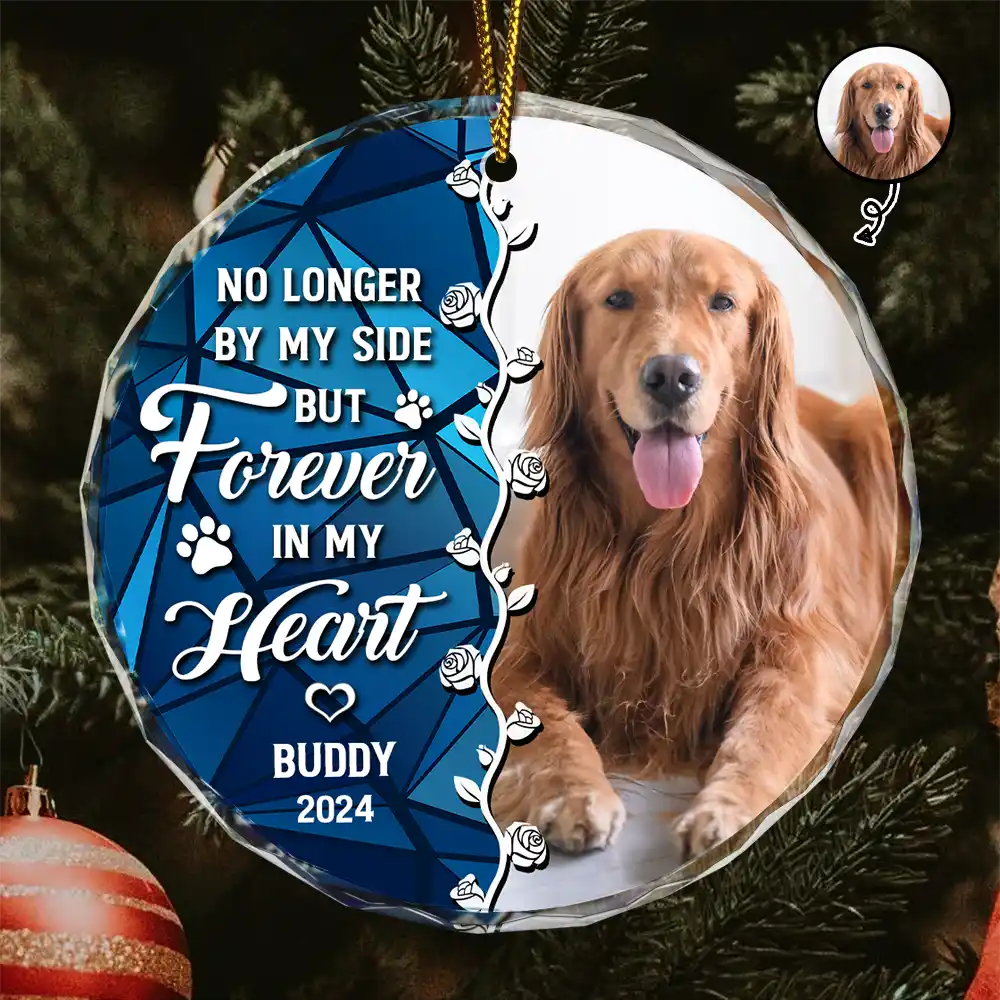 Custom Photo No Longer By Our Side Pet Memorial Heart - Personalized Circle Glass Ornament