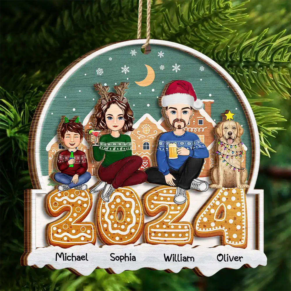 Cartoon Family And Pet Gingerbread Cookies - Personalized 2-Layered Wooden Ornament