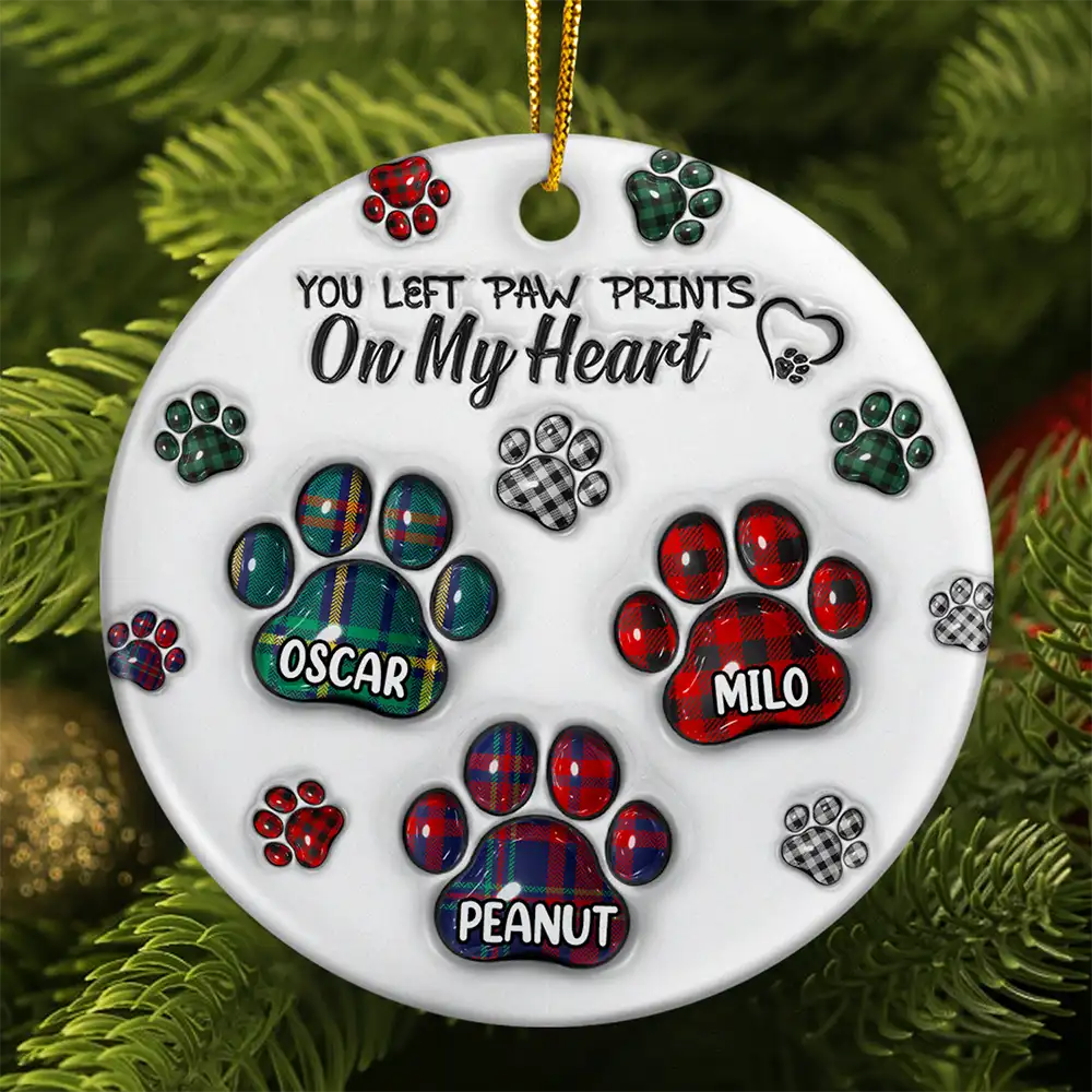 You Left Paw Prints On My Heart Pet Memorial - 3D Inflated Effect Printed Ornament, Personalized Circle Ceramic Ornament
