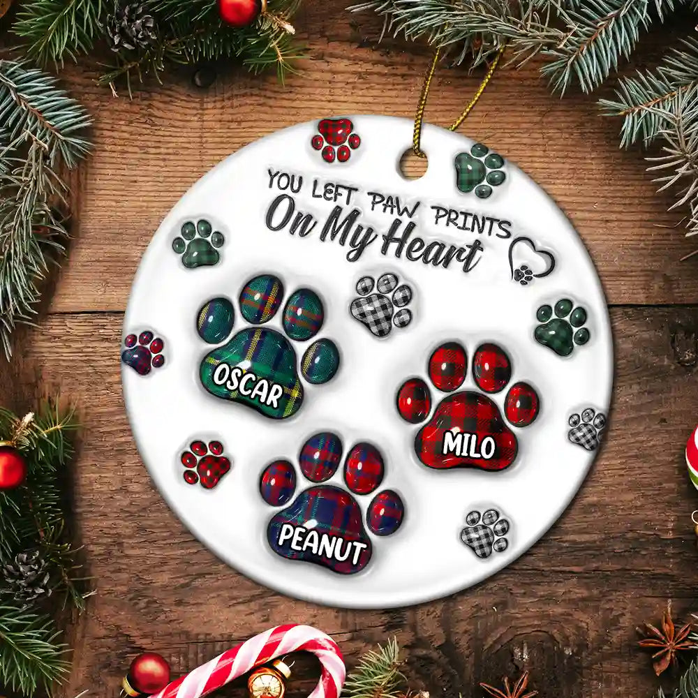 You Left Paw Prints On My Heart Pet Memorial - 3D Inflated Effect Printed Ornament, Personalized Circle Ceramic Ornament