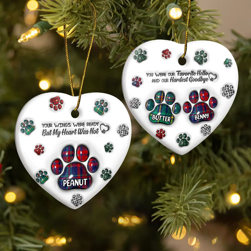 Memorial Pet You Left Paw Prints On My Heart - 3D Inflated Effect Printed Ornament, Personalized Heart Ceramic Ornament