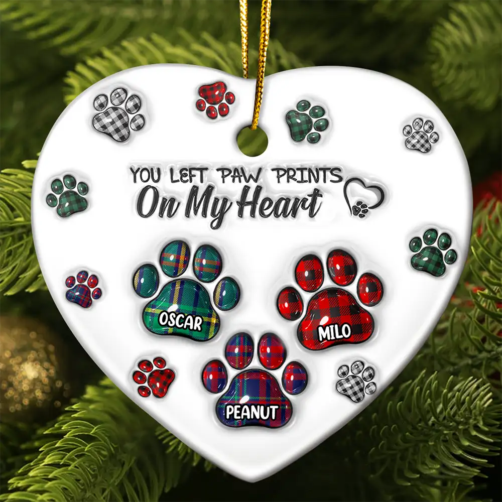 Memorial Pet You Left Paw Prints On My Heart - 3D Inflated Effect Printed Ornament, Personalized Heart Ceramic Ornament