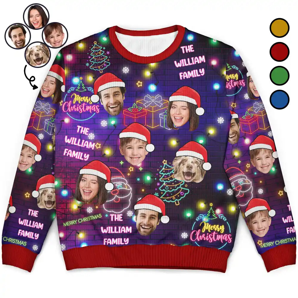 Custom Photo Funny Family Pet Face Neon Light - Personalized Unisex Ugly Sweater