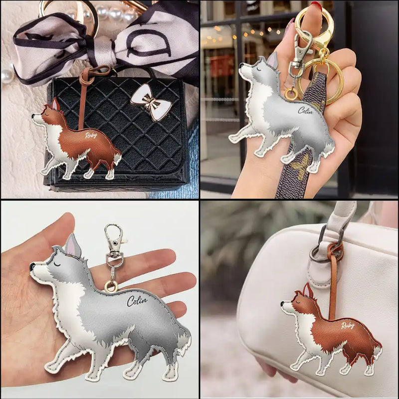 Dog Lovers,Pet Lovers,Dog Mom,Happy - Border Collie Shaped, Dog Lovers Charm - Personalized Dog Leather Bag Charm, Keychain