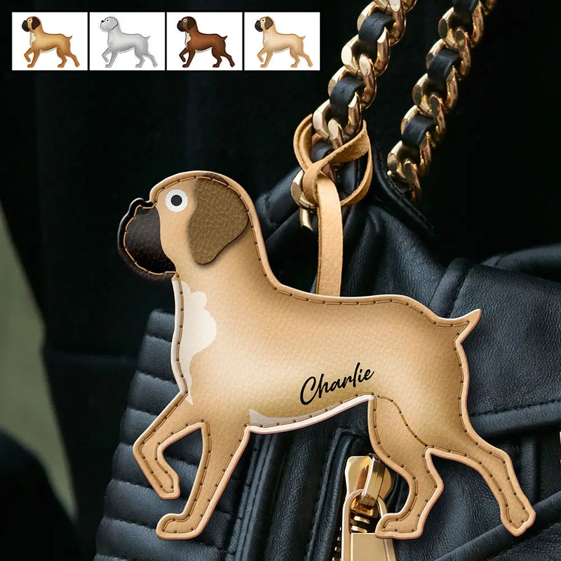 Dog Lovers,Pet Lovers,Dog Mom,Happy-Boxer Shaped, Dog Lovers Charm - Personalized Dog Leather Bag Charm, Keychain