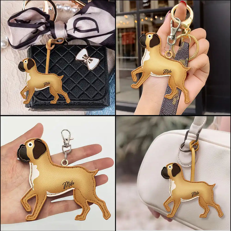 Dog Lovers,Pet Lovers,Dog Mom,Happy-Boxer Shaped, Dog Lovers Charm - Personalized Dog Leather Bag Charm, Keychain