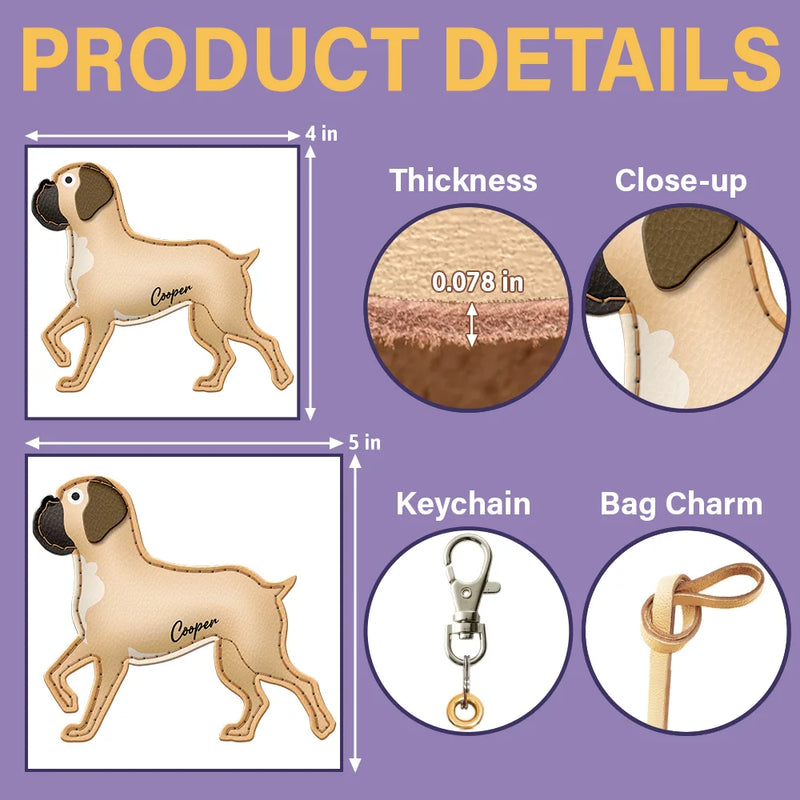 Dog Lovers,Pet Lovers,Dog Mom,Happy-Boxer Shaped, Dog Lovers Charm - Personalized Dog Leather Bag Charm, Keychain