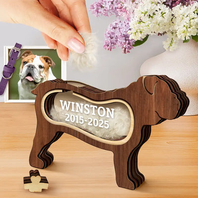Bulldog Dog Memorial Shadowbox Fur Keepsake - Personalized Pet Shaped Wooden Keepsake
