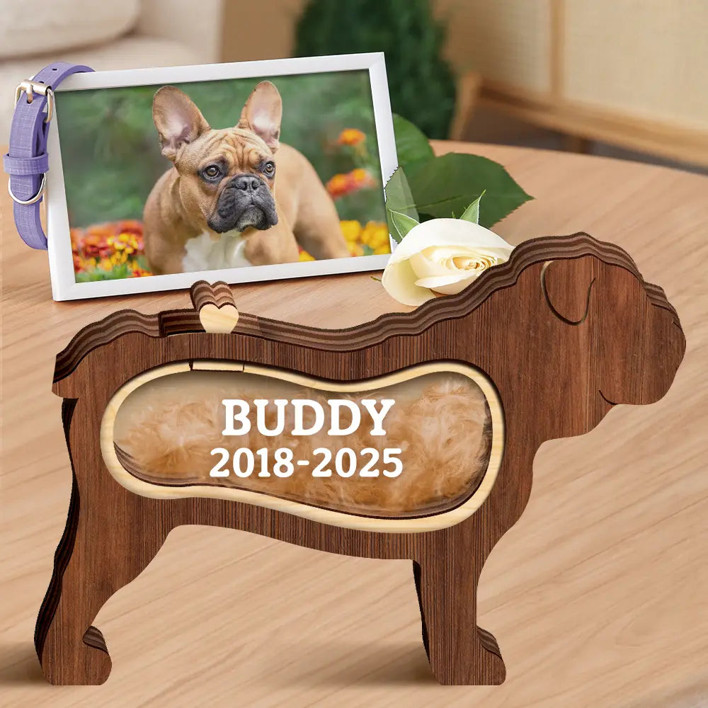 Dog Lovers,Dog Mom,Dog Dad,Pet Lovers,Pet Mom,Pet Dad,Memorial,Sad-Bulldog Dog Memorial Shadowbox Fur Keepsake - Personalized Pet Shaped Wooden Keepsake