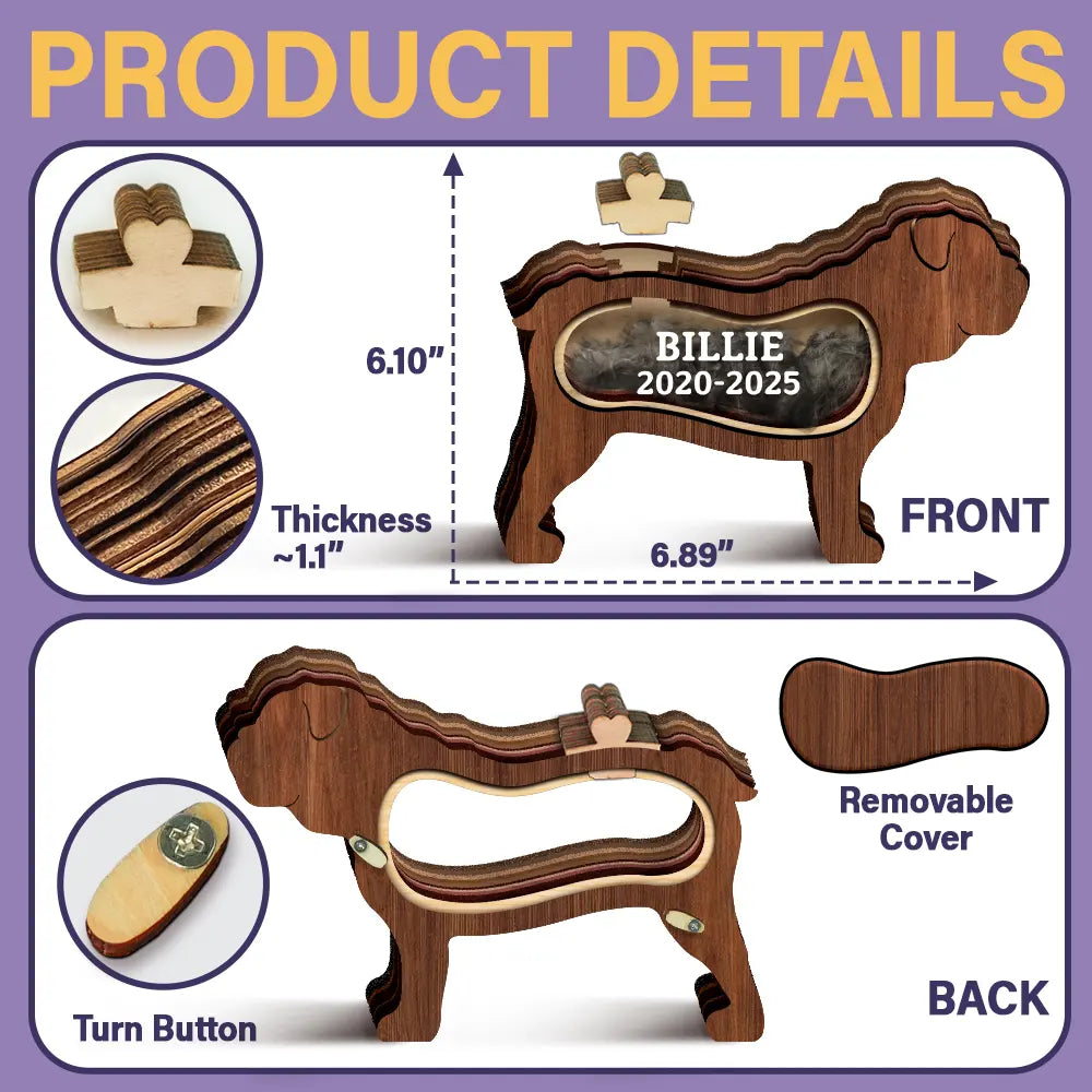 Dog Lovers,Dog Mom,Dog Dad,Pet Lovers,Pet Mom,Pet Dad,Memorial,Sad-Bulldog Dog Memorial Shadowbox Fur Keepsake - Personalized Pet Shaped Wooden Keepsake