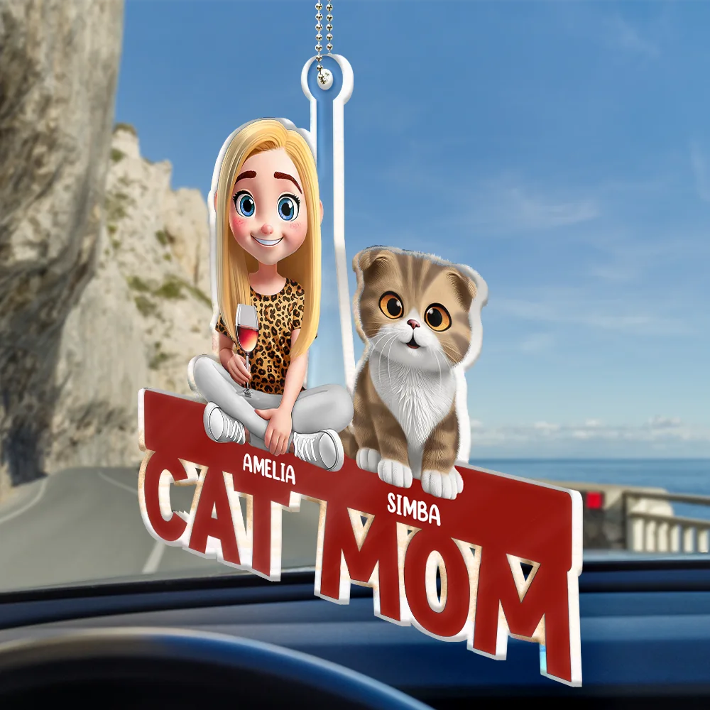Cat Lovers,Pet Lovers,Cat Dad,Cat Mom - Cat Mom Cat Dad - Personalized Acrylic Car Hanger
