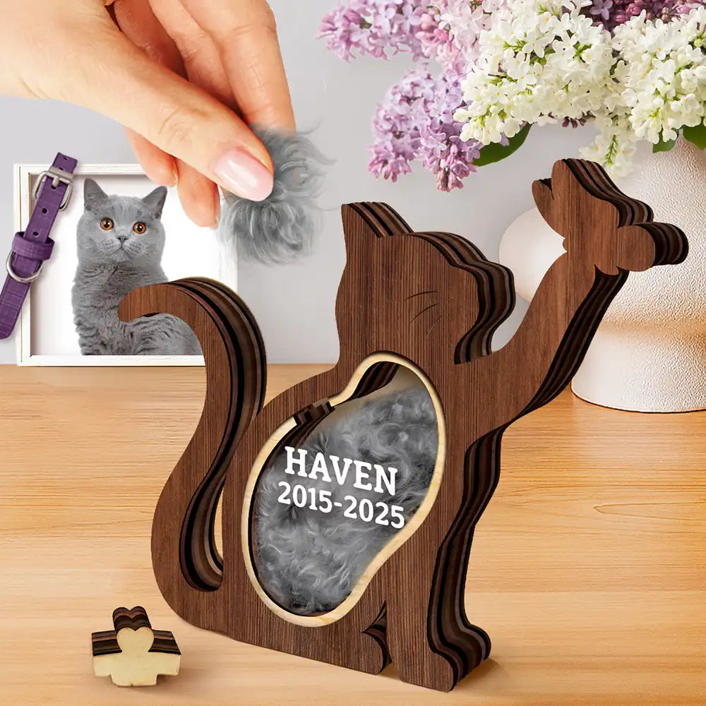 Cat Silhouette Memorial Shadowbox Fur Keepsake - Personalized Pet Shaped Wooden Keepsake