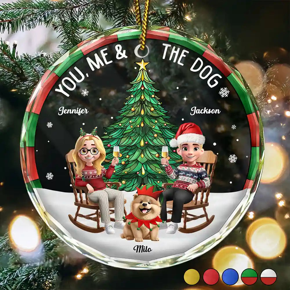 You Me And The Dogs Christmas Tree - Personalized Circle Glass Ornament