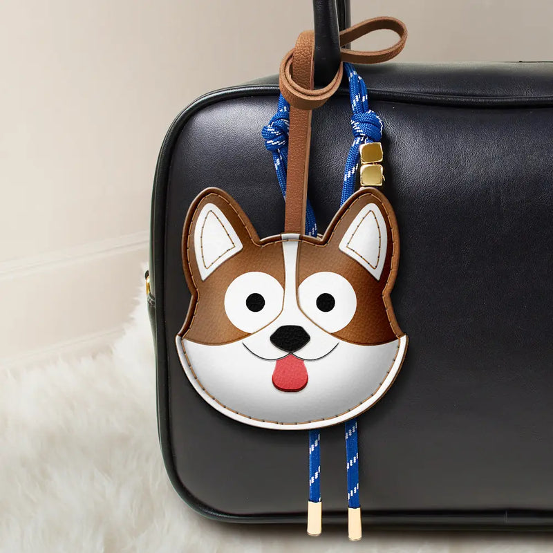 Dog Lovers,Dog Mom,Happy - Corgi Face Shaped - Personalized Dog Leather Bag Charm, Keychain