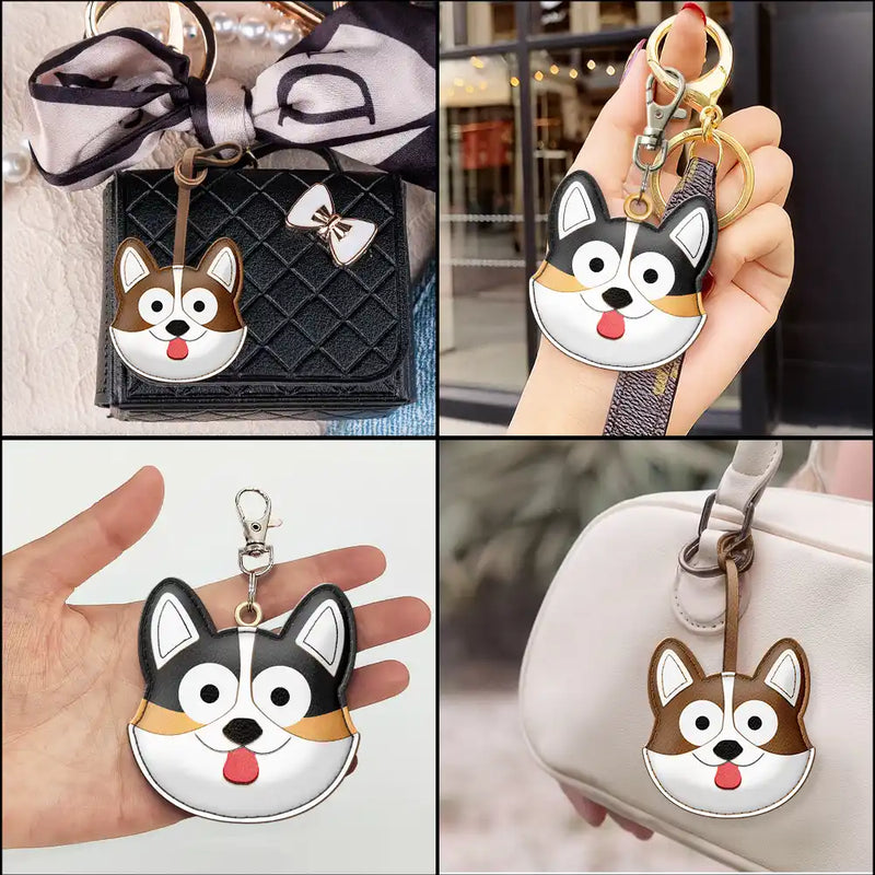 Dog Lovers,Dog Mom,Happy - Corgi Face Shaped - Personalized Dog Leather Bag Charm, Keychain