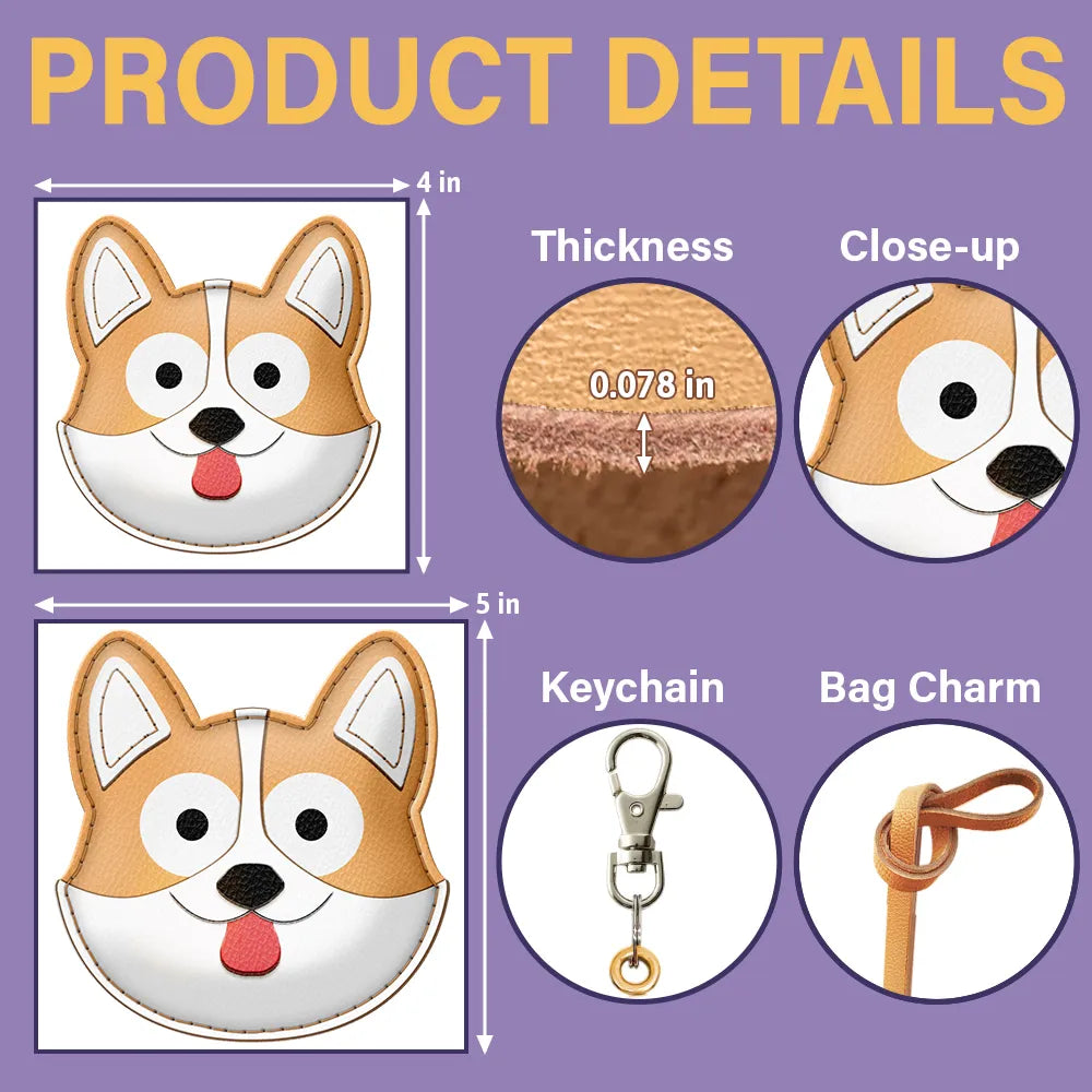 Dog Lovers,Dog Mom,Happy - Corgi Face Shaped - Personalized Dog Leather Bag Charm, Keychain
