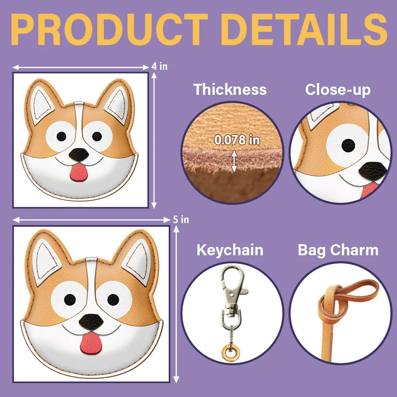 Dog Lovers,Dog Mom,Happy - Corgi Face Shaped - Personalized Dog Leather Bag Charm, Keychain