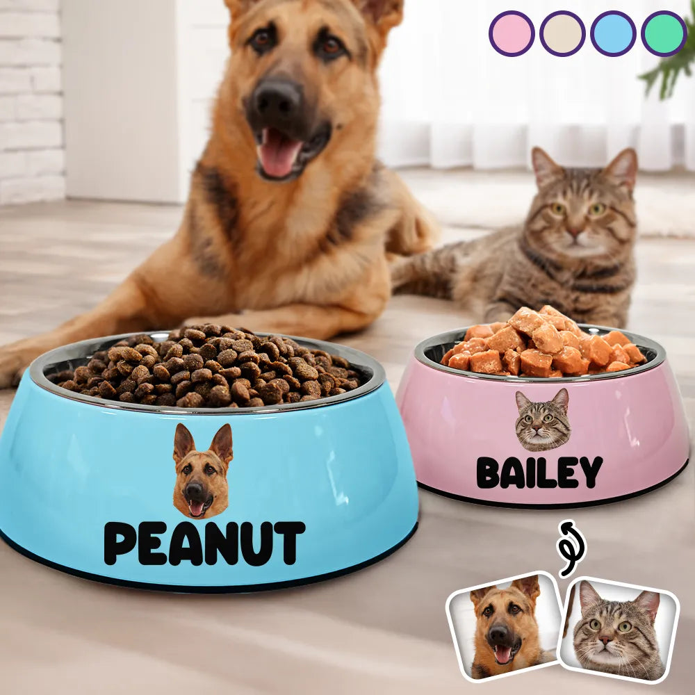 Custom Photo Adorable Dog Cat With Name - Personalized Removable Stainless Steel Pet Bowl