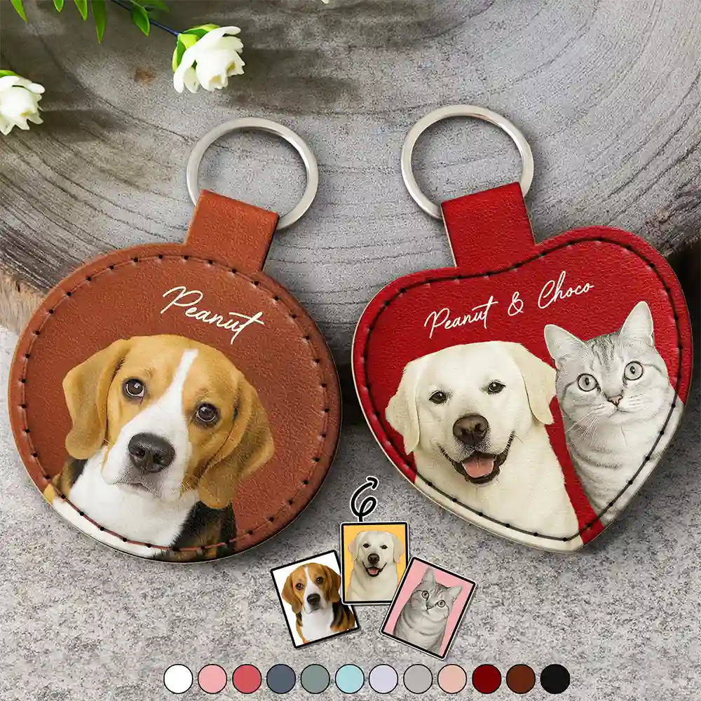 Custom Photo Dog Cat Pet Portrait - Personalized Custom Shaped Leather Keychain With Stitching