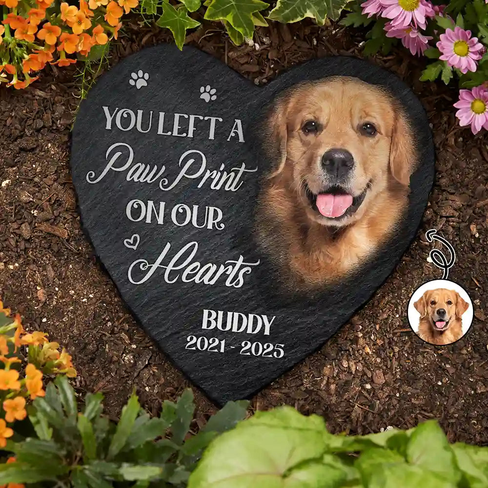 Custom Photo You Left A Paw Print Pet Memorial - Personalized Heart Memorial Garden Stone