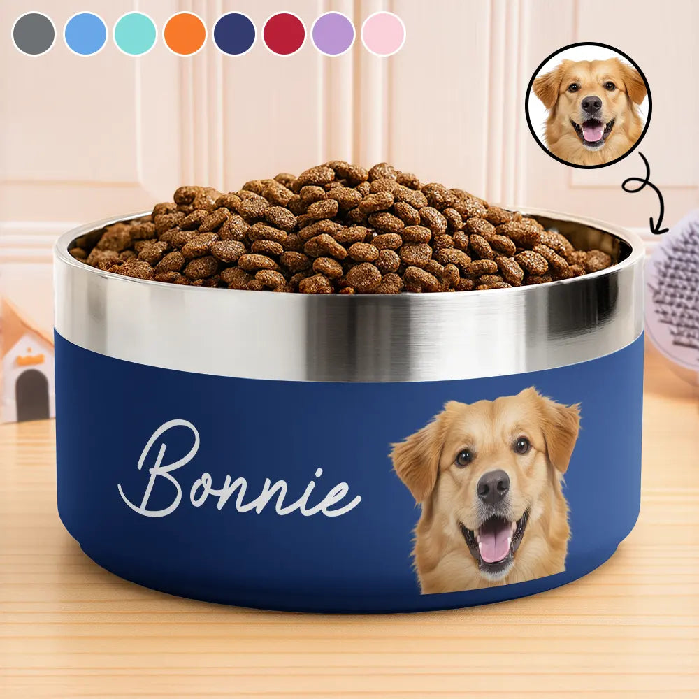 Pet Lovers - Custom Photo Pet Bowl With Name - Personalized Stainless Steel Pet Bowl